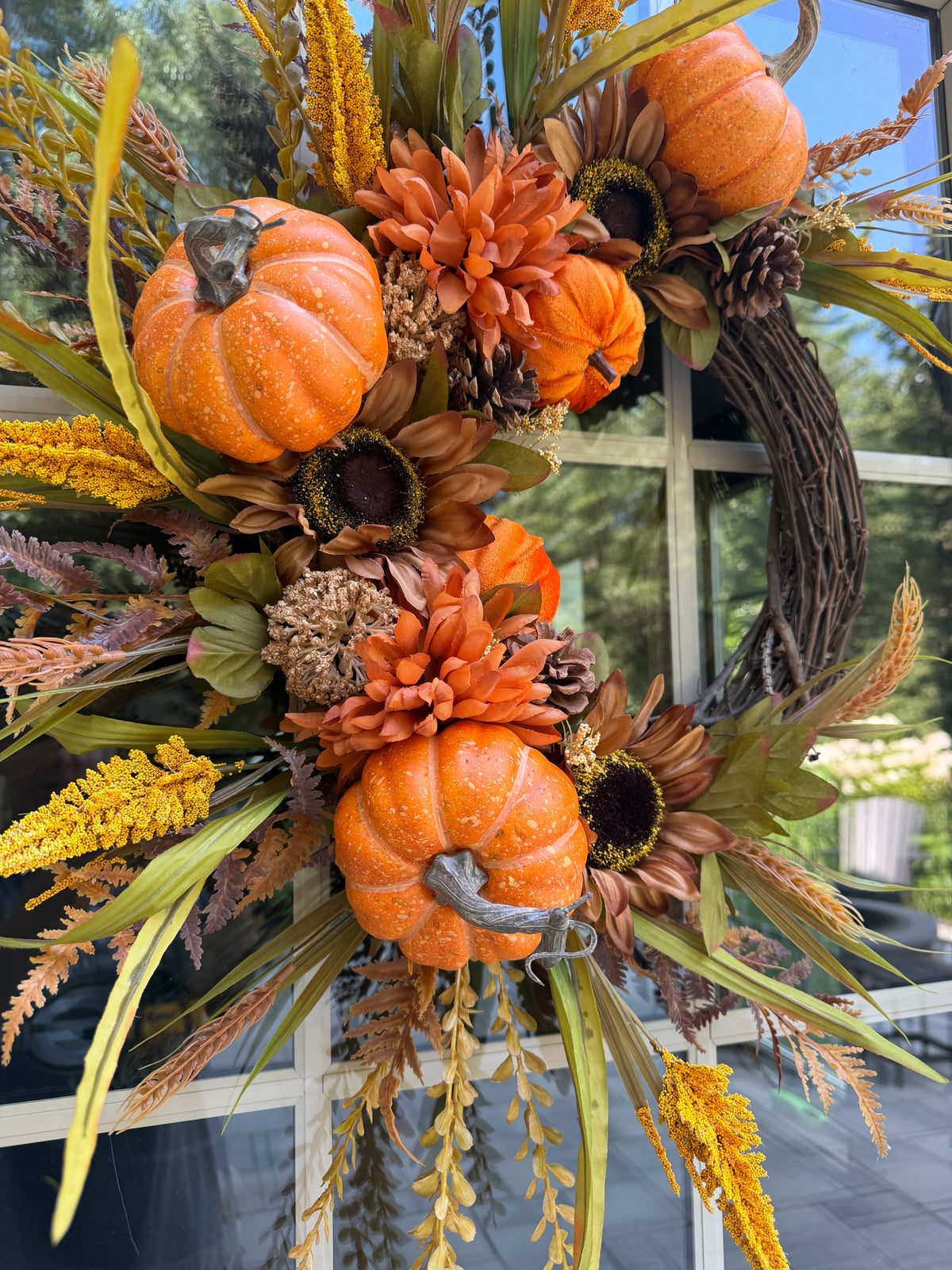 Sunflower & Mum Button grass Fall Wreath