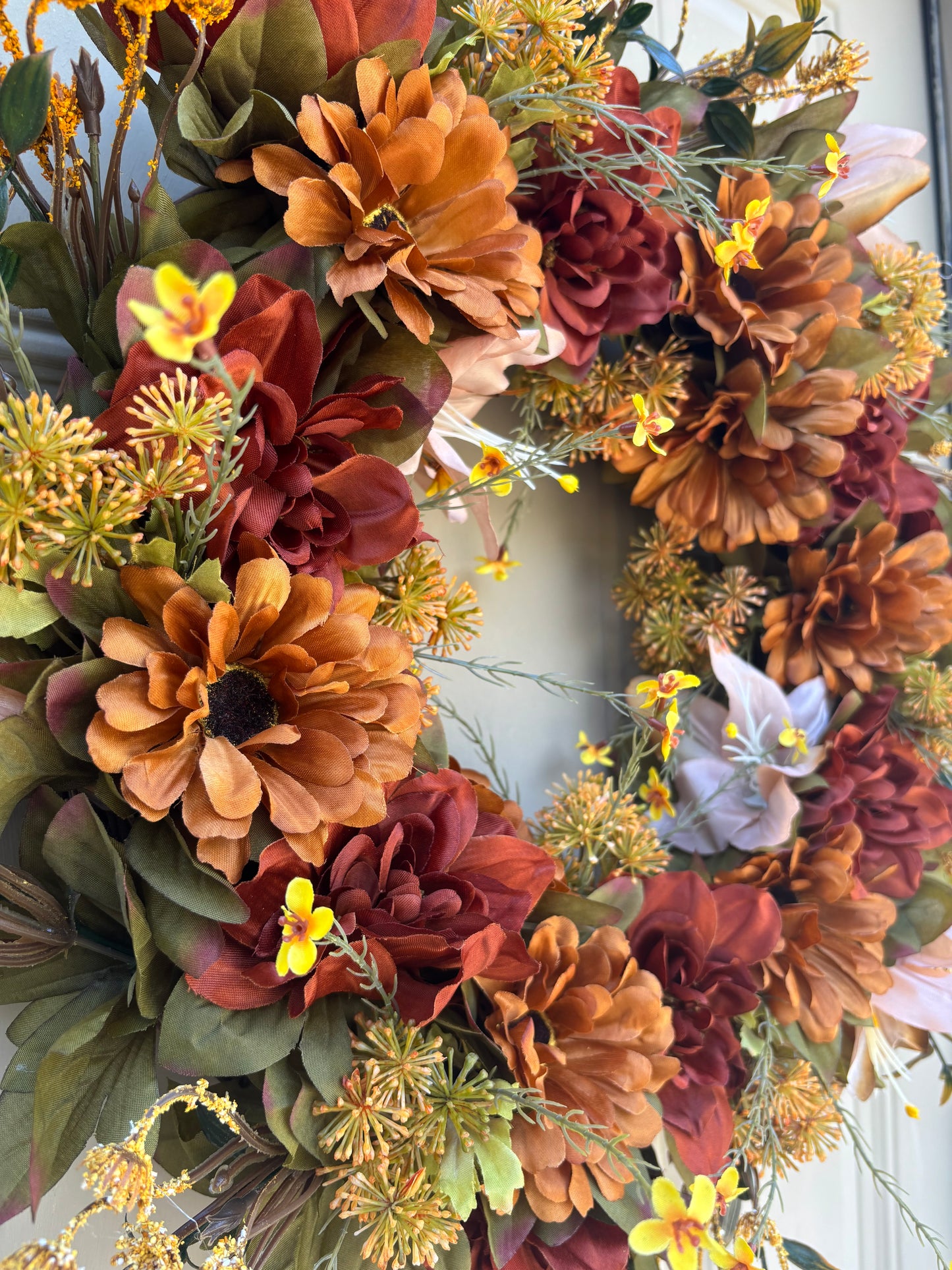 Brown Dahlia & Zinnia Fall Wreath