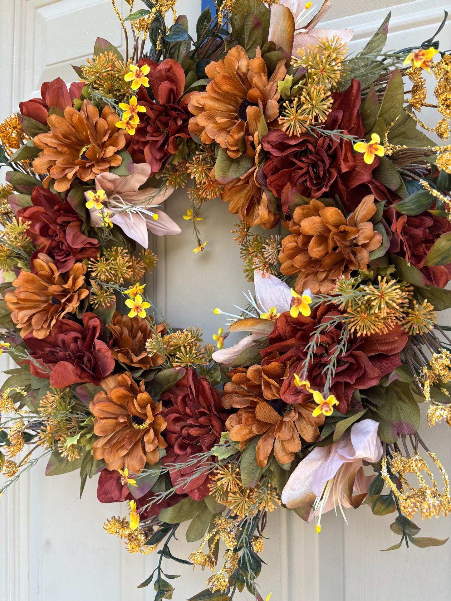 Brown Dahlia & Zinnia Fall Wreath