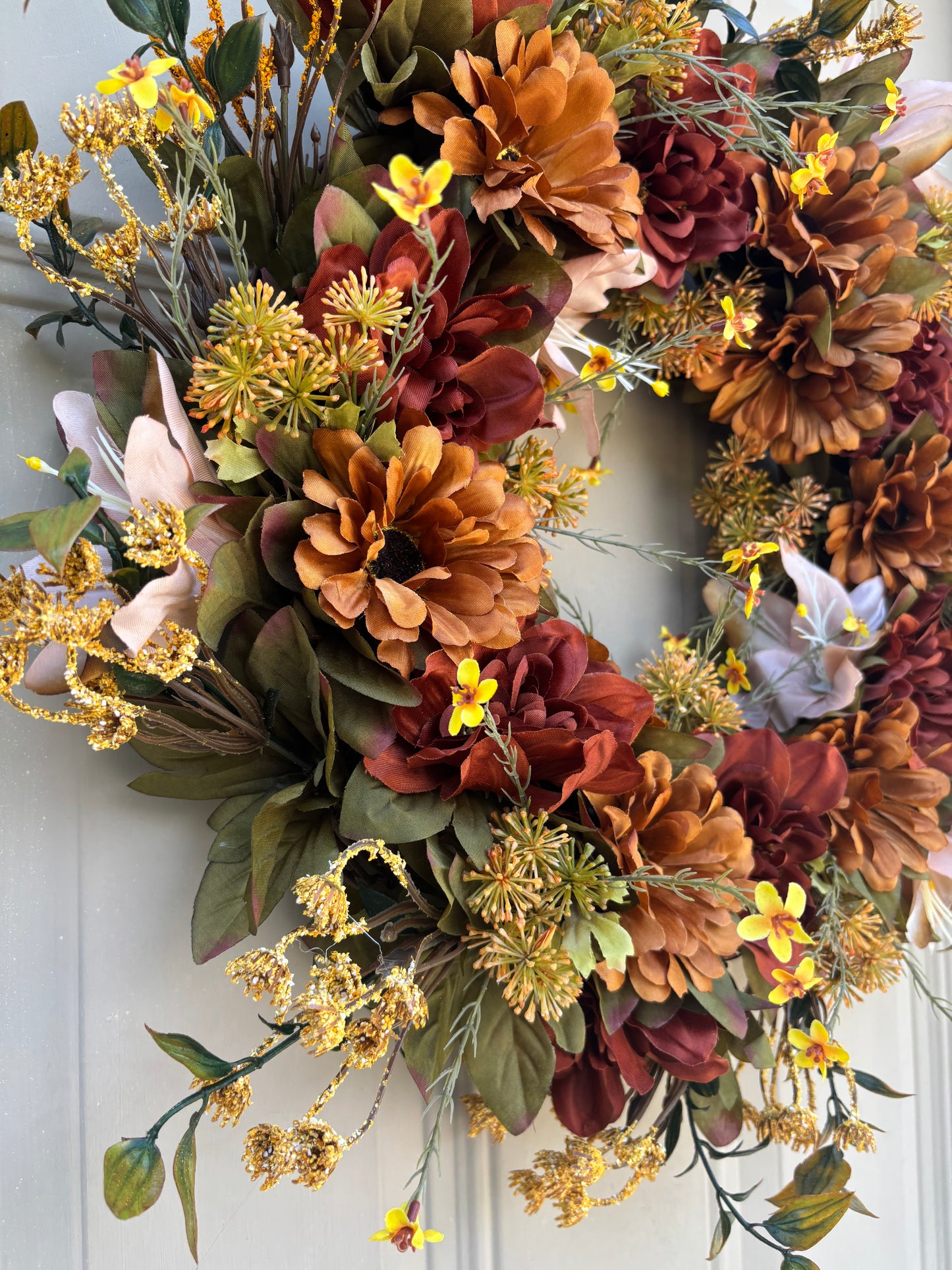 Brown Dahlia & Zinnia Fall Wreath
