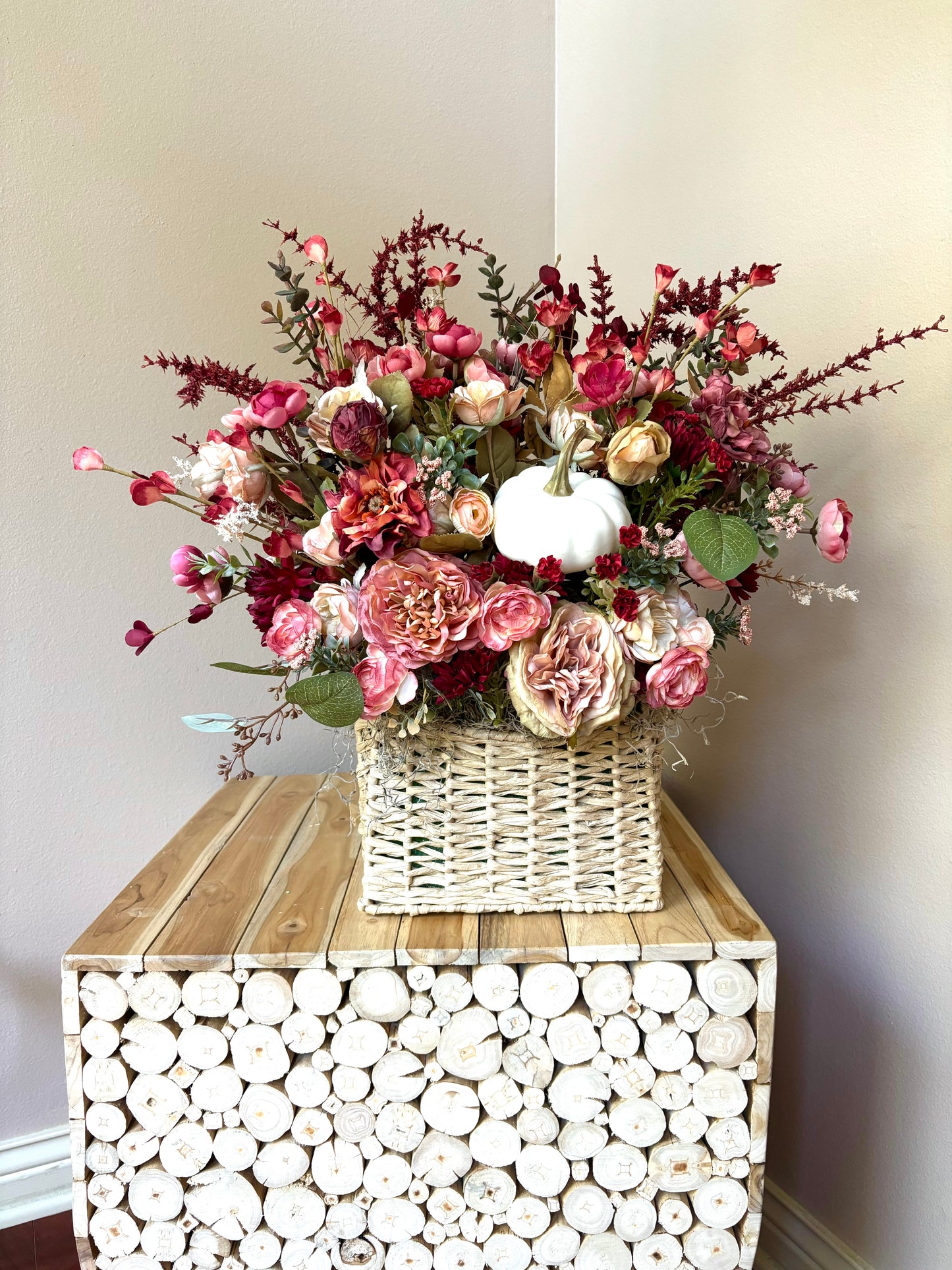Pink and Cream Fall Floral Hanging Basket