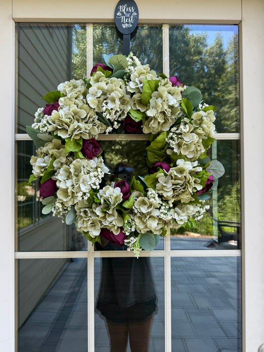 Sage Hydrangea and Cabbage Rose Wreath