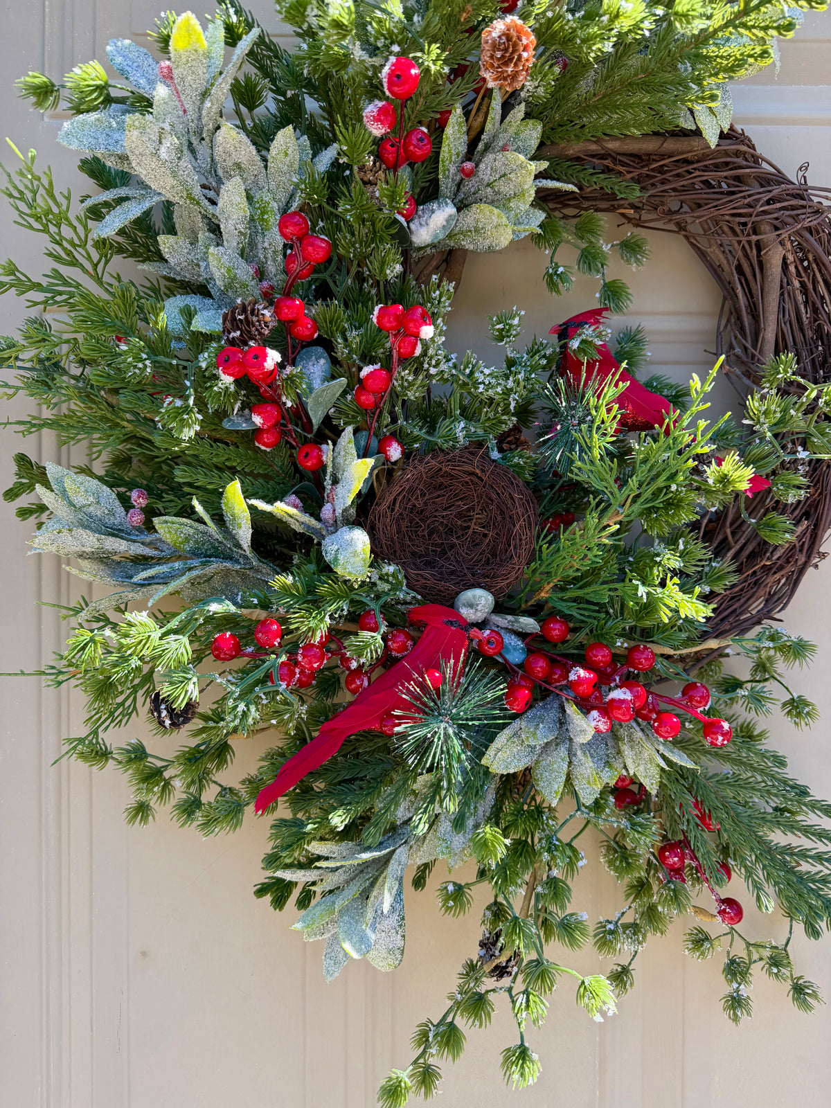 Frosted Pine and Cardinal Winter Wreath