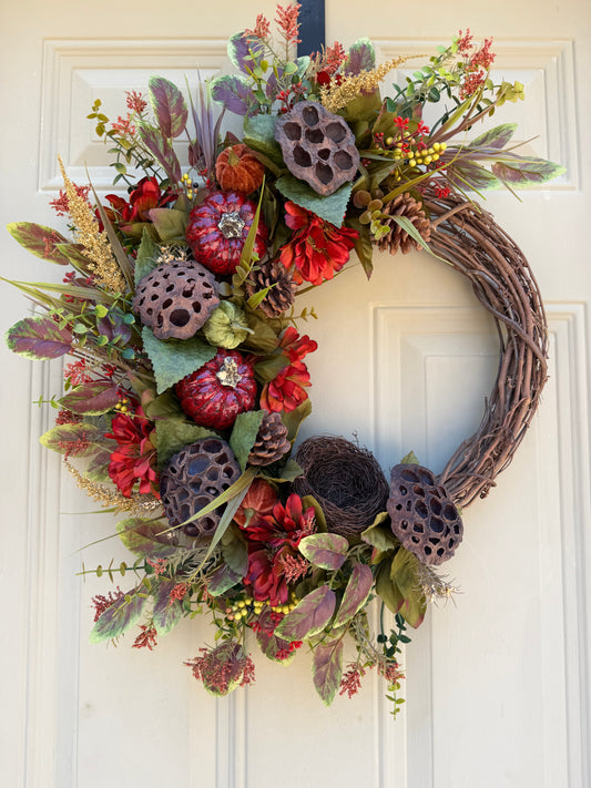 Lotus Pod & Zinnia Fall Wreath