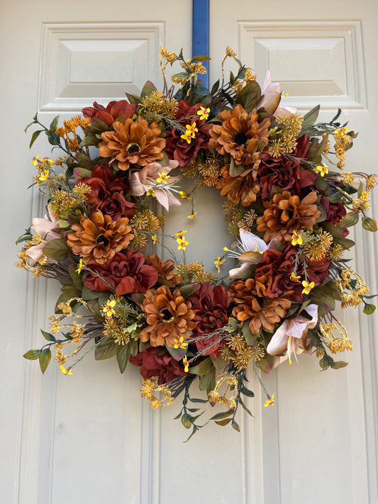 Brown Dahlia & Zinnia Fall Wreath