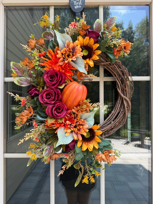 Sunflower, Pumpkin, & Rose Fall Wreath