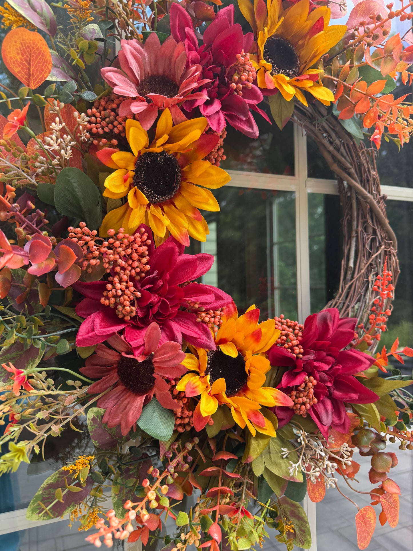 Mixed Sunflower and Dahlia Fall Wreath