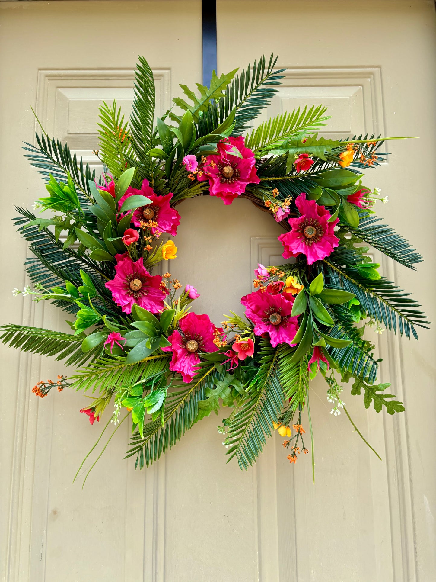 Pink Poppies and Cycas Tropical Summer Wreath