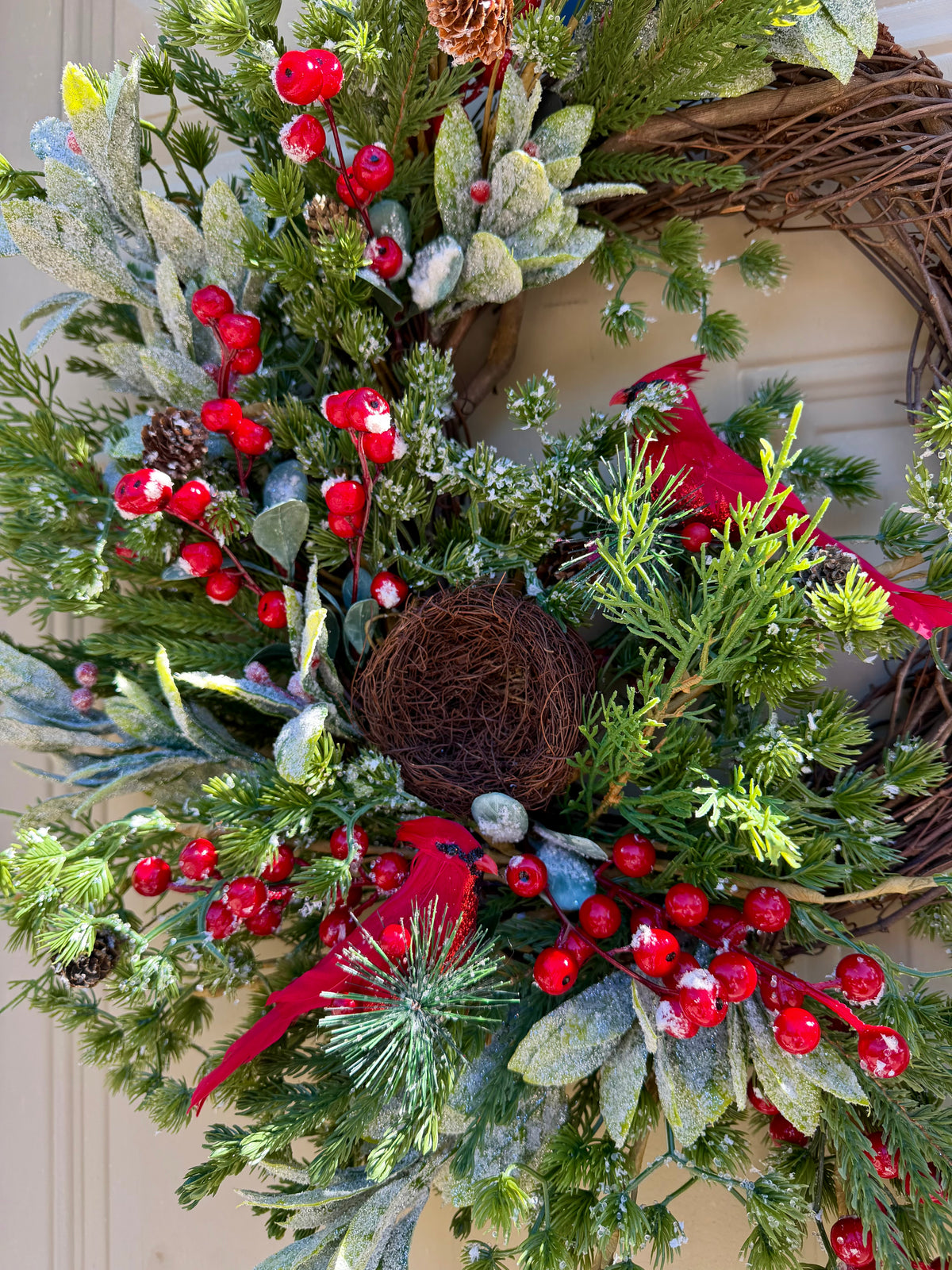 Frosted Pine and Cardinal Winter Wreath