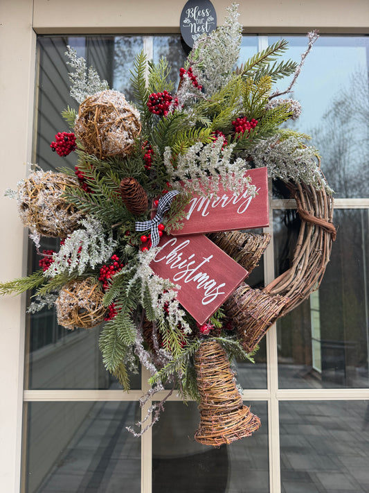 Festive Holiday Wreath w/ Woven Bells