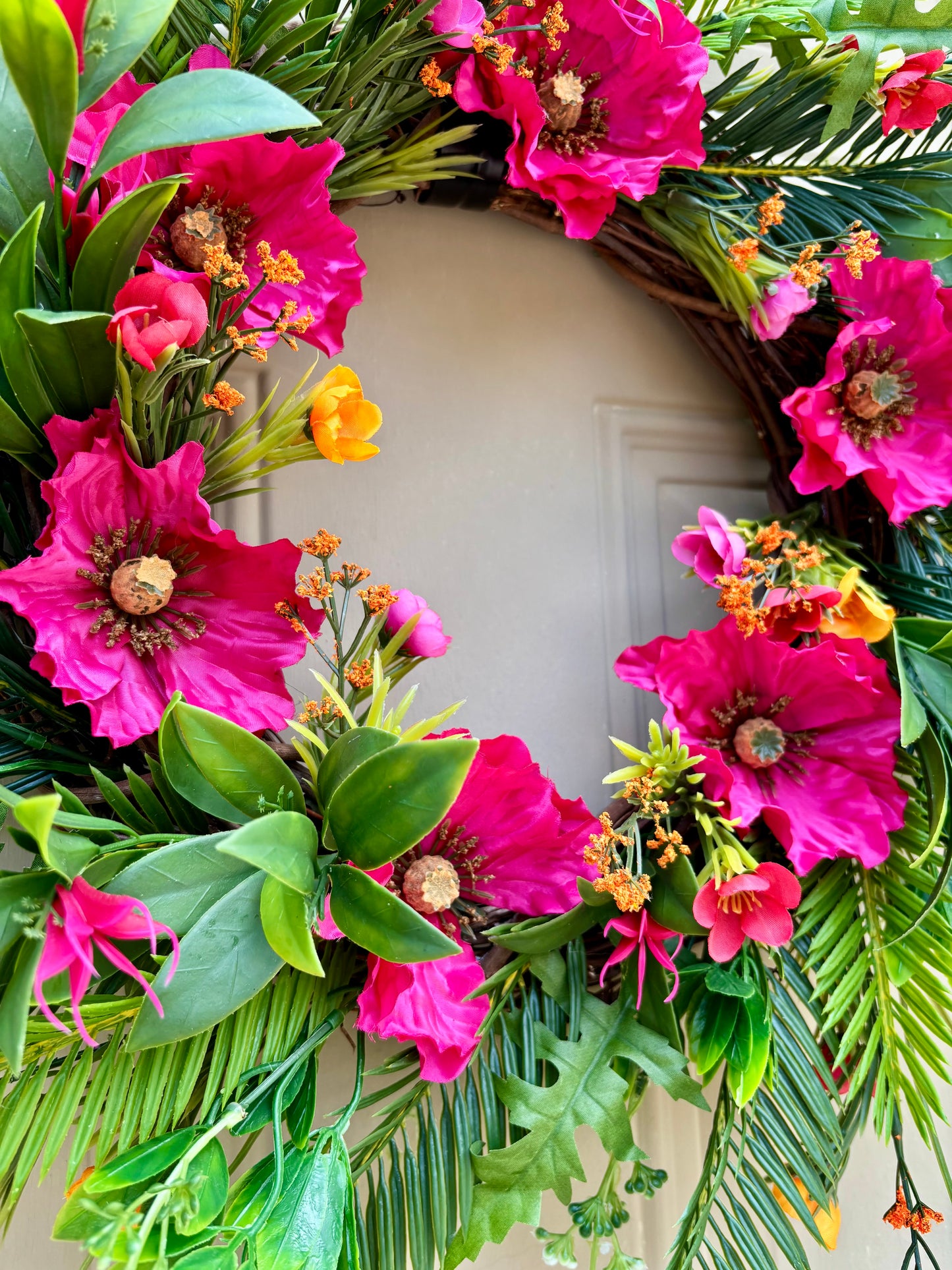 Pink Poppies and Cycas Tropical Summer Wreath