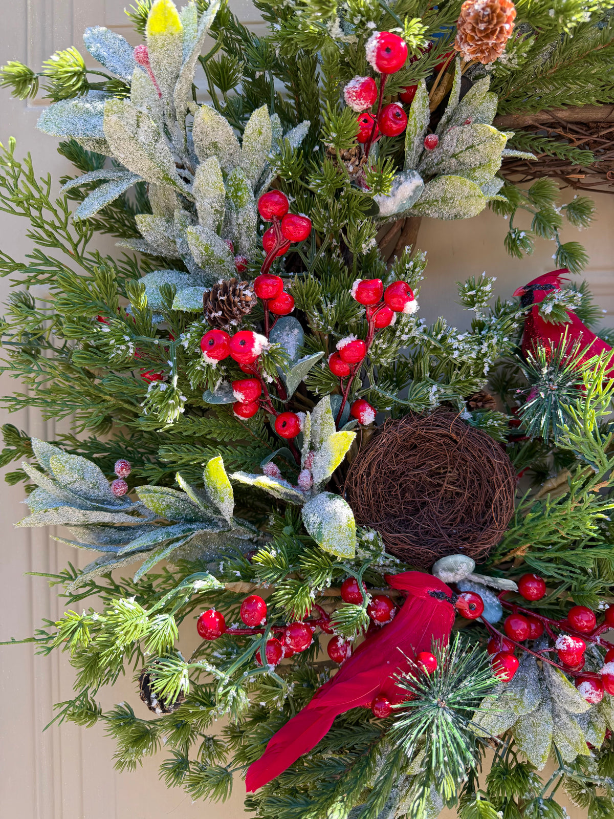 Frosted Pine and Cardinal Winter Wreath