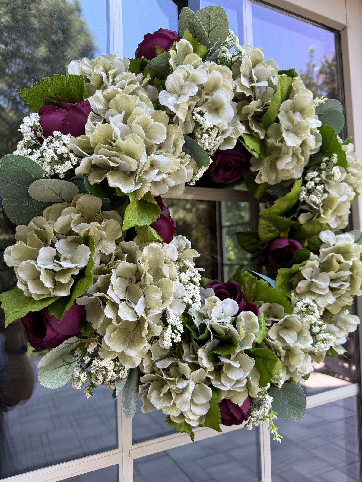 Sage Hydrangea and Cabbage Rose Wreath