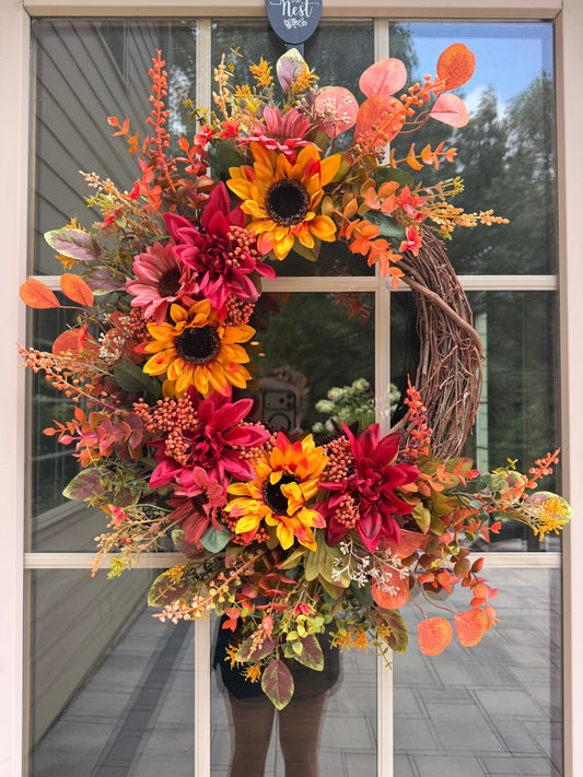 Mixed Sunflower and Dahlia Fall Wreath