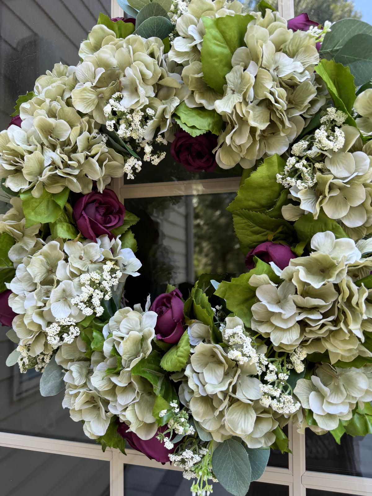 Sage Hydrangea and Cabbage Rose Wreath