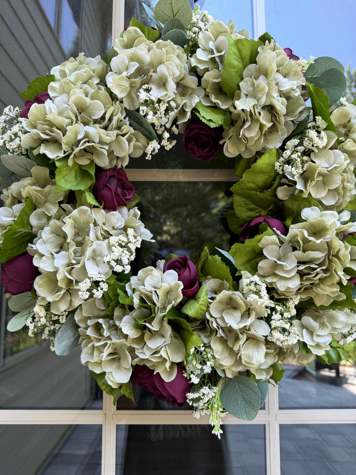 Sage Hydrangea and Cabbage Rose Wreath