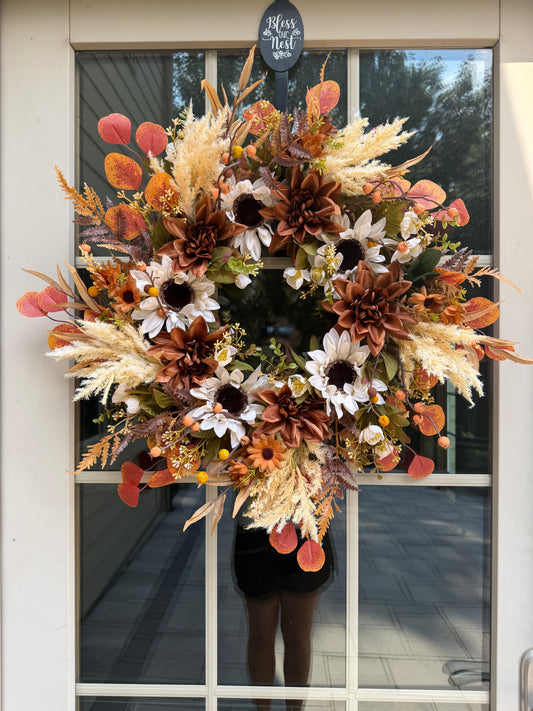 Biege Sunflower and Dahlia Fall Wreath