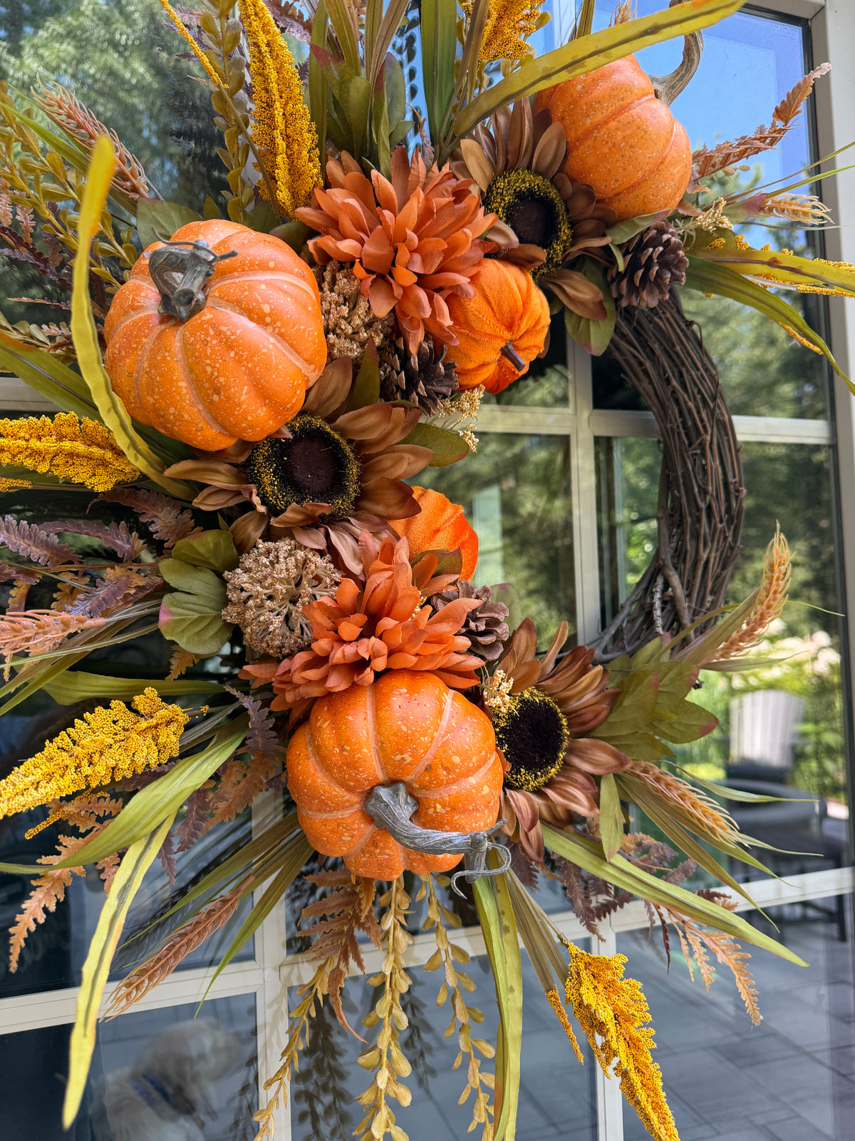 Sunflower & Mum Button grass Fall Wreath