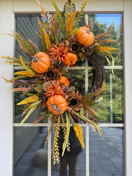 Sunflower & Mum Button grass Fall Wreath