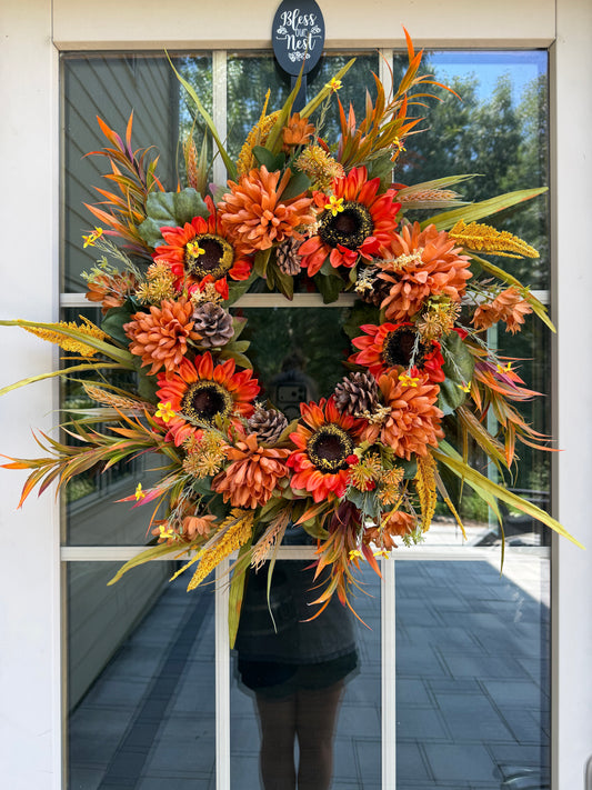 Sunflower and Mum Harvest Fall Wreath