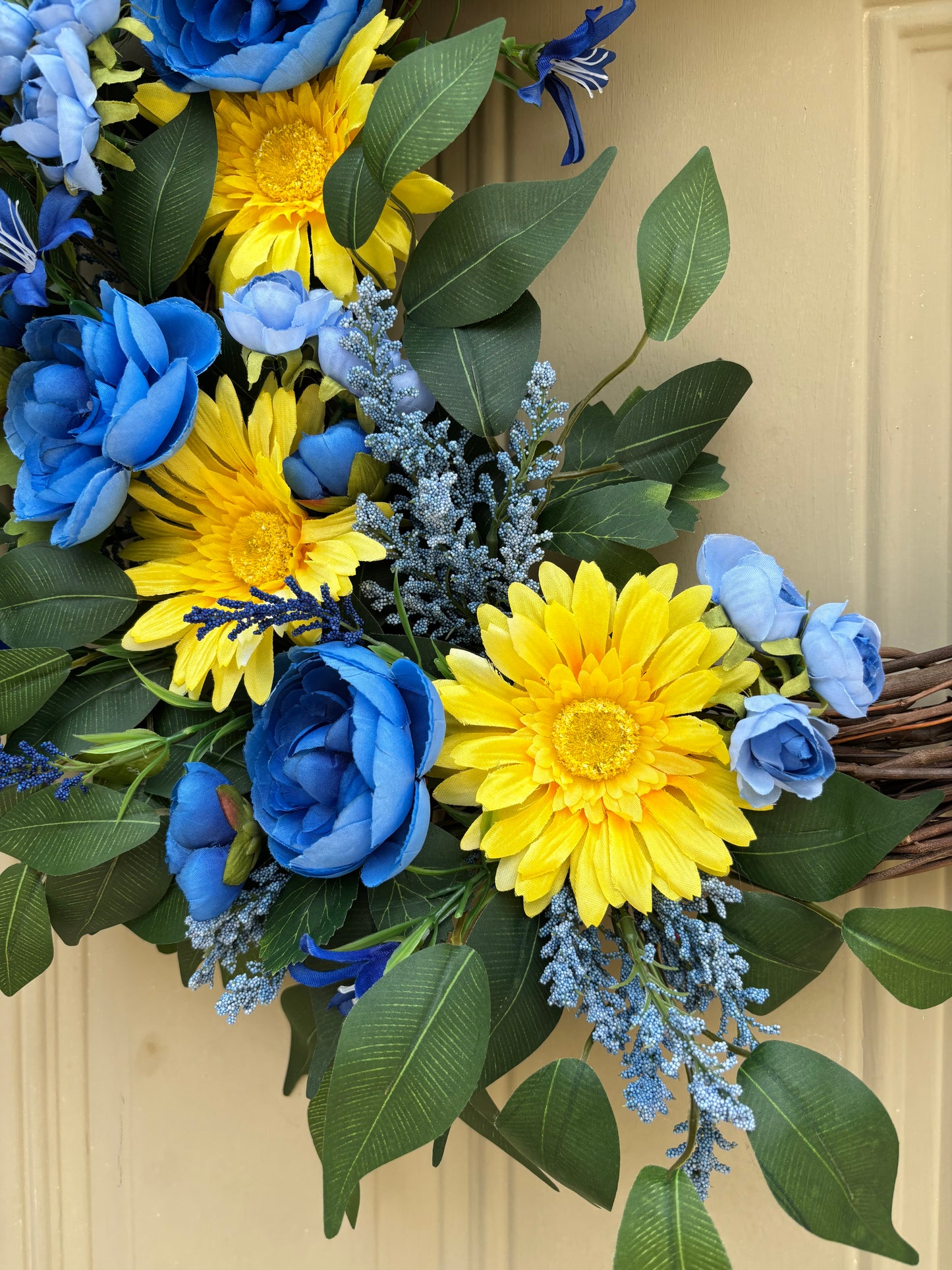Yellow Daisy and Blue Ranunculus Summer Wreath