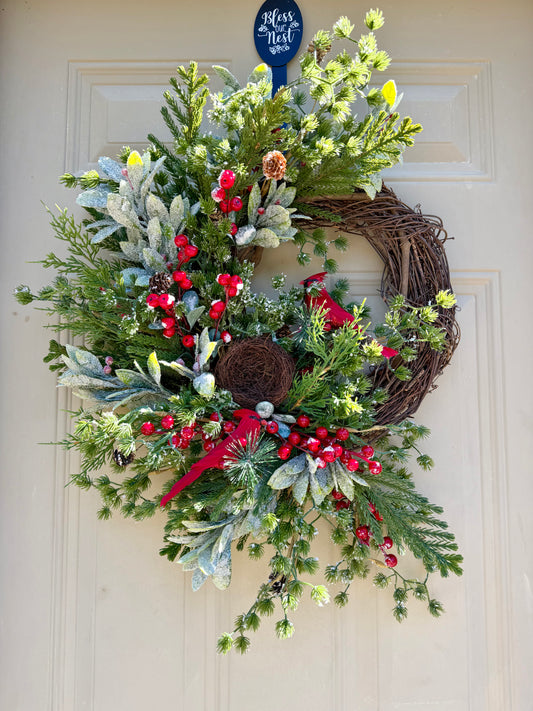 Frosted Pine and Cardinal Winter Wreath