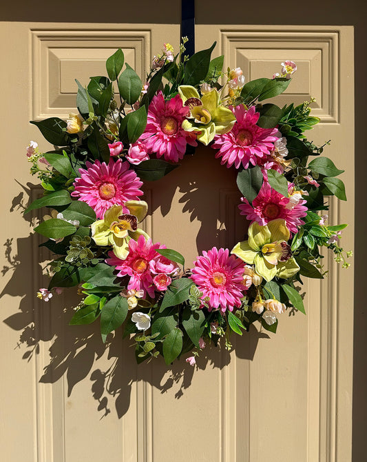 Pink Daisy and Tropical Cymbidium Summer Wreath