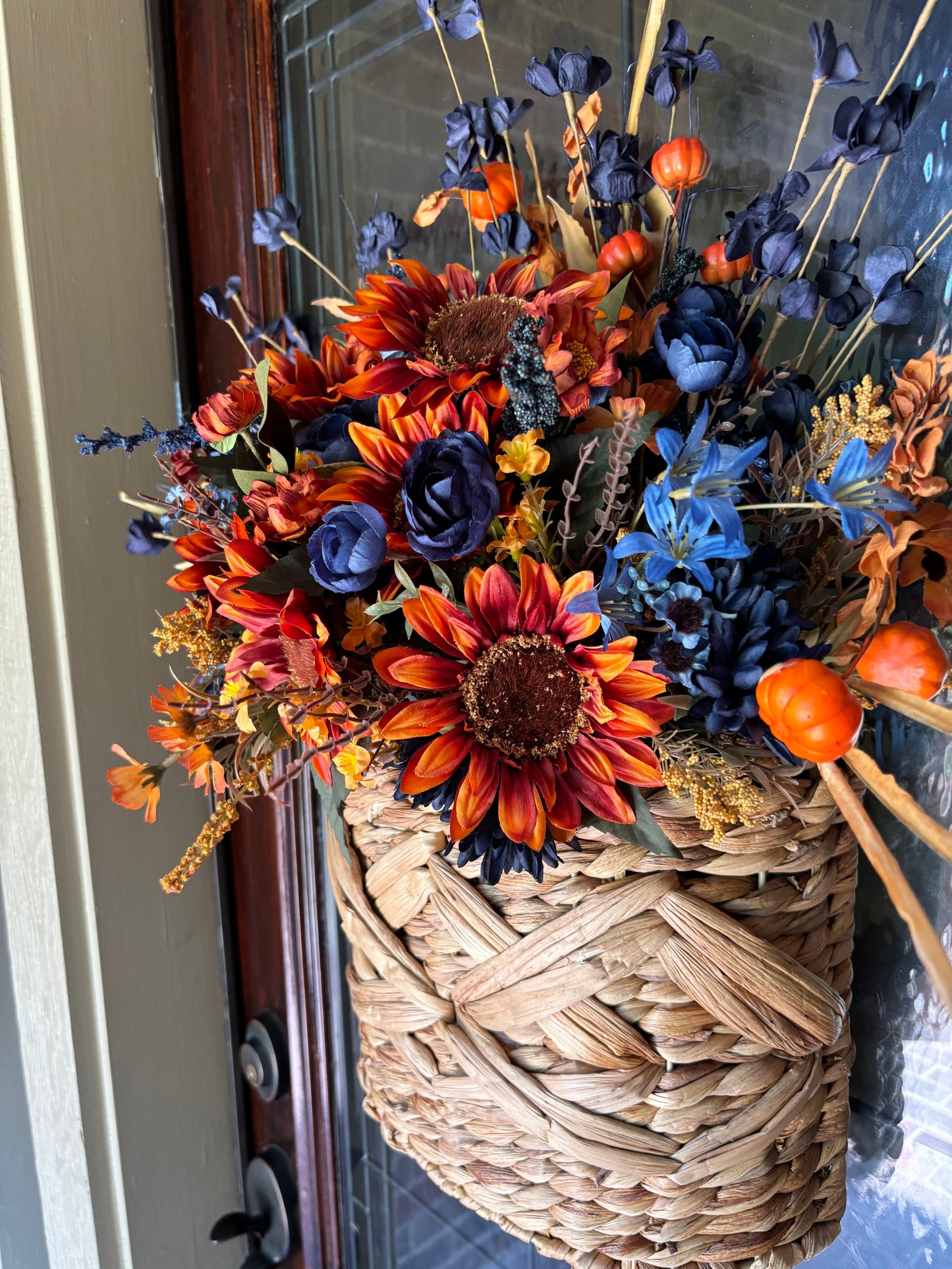 Blue and Orange Fall Floral Hanging Basket