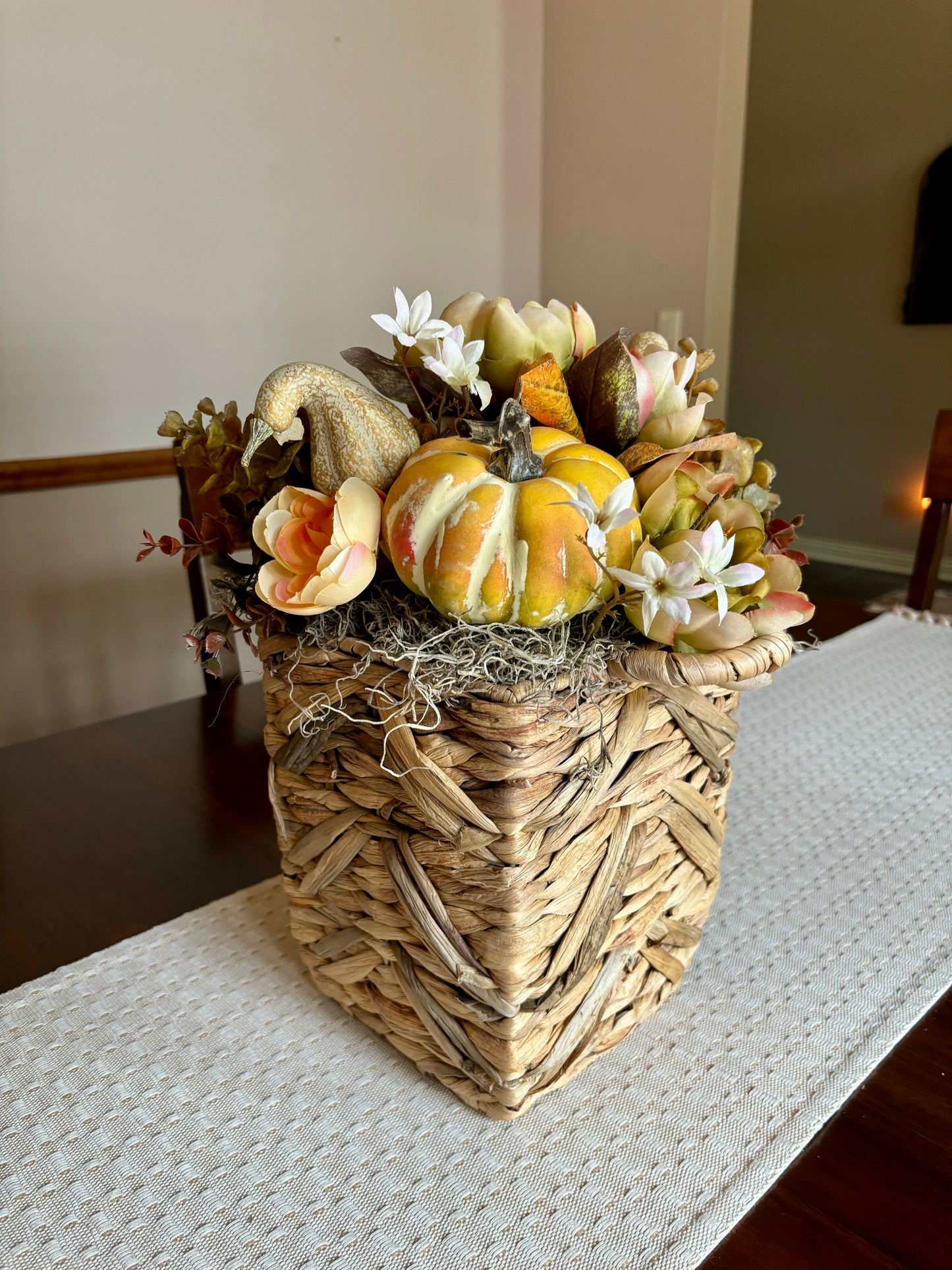 Pumpkins and Peonies Fall Basket Centerpiece