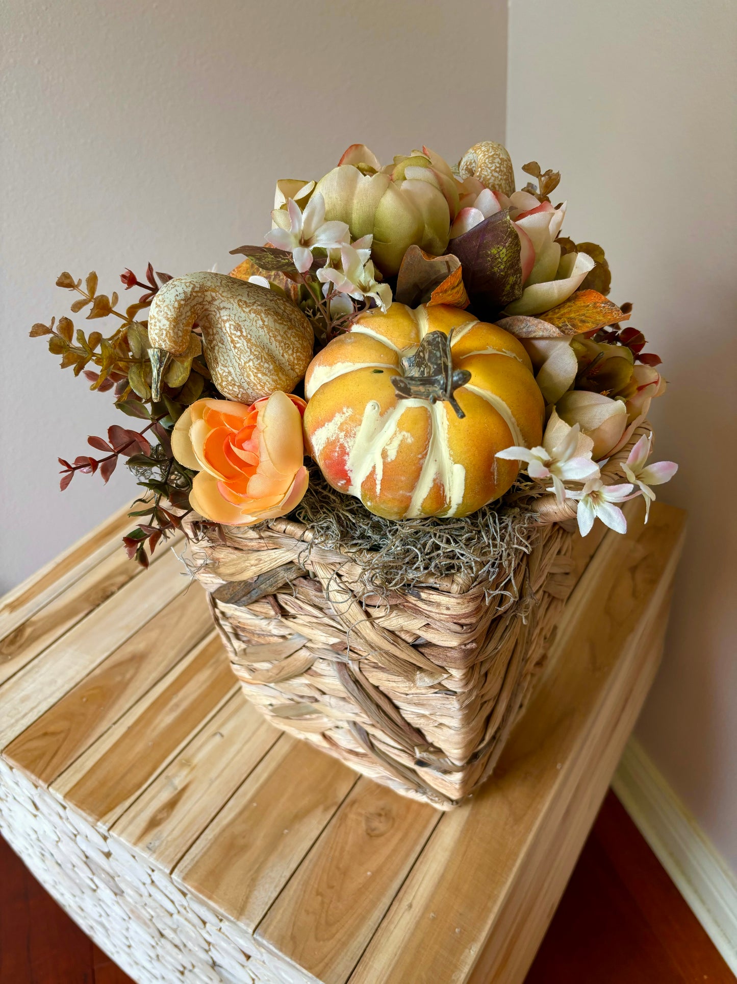 Pumpkins and Peonies Fall Basket Centerpiece