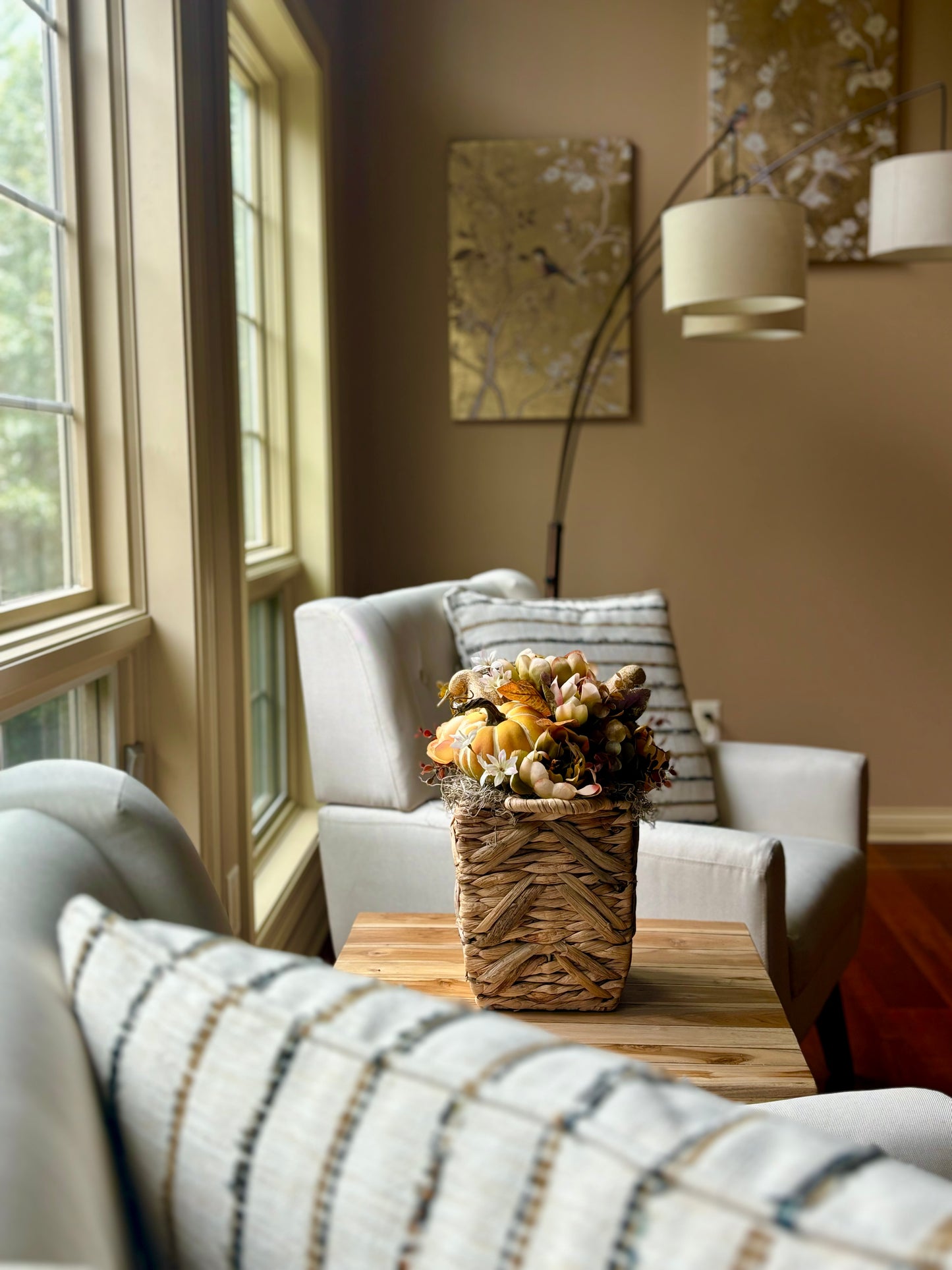 Pumpkins and Peonies Fall Basket Centerpiece