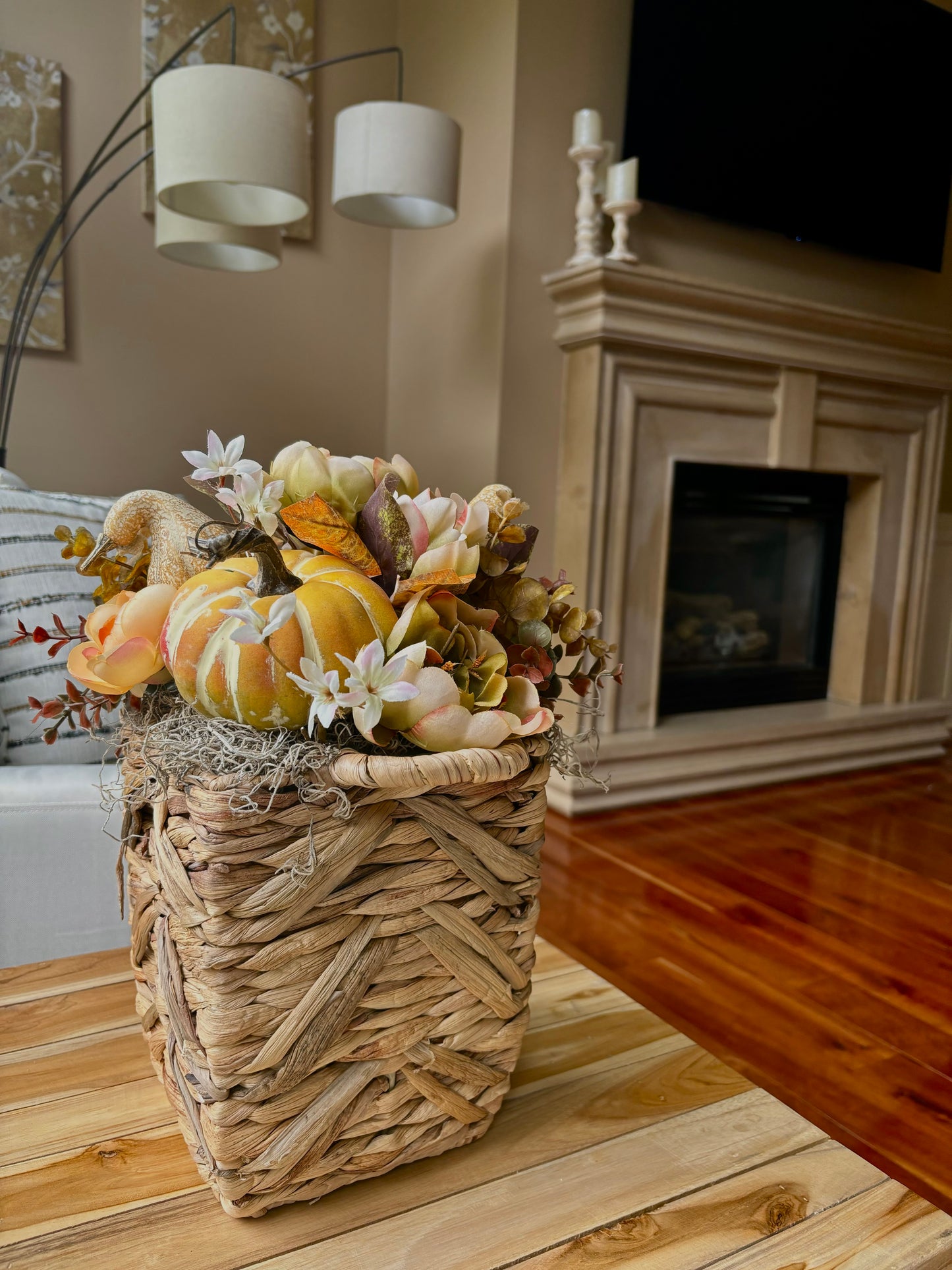 Pumpkins and Peonies Fall Basket Centerpiece