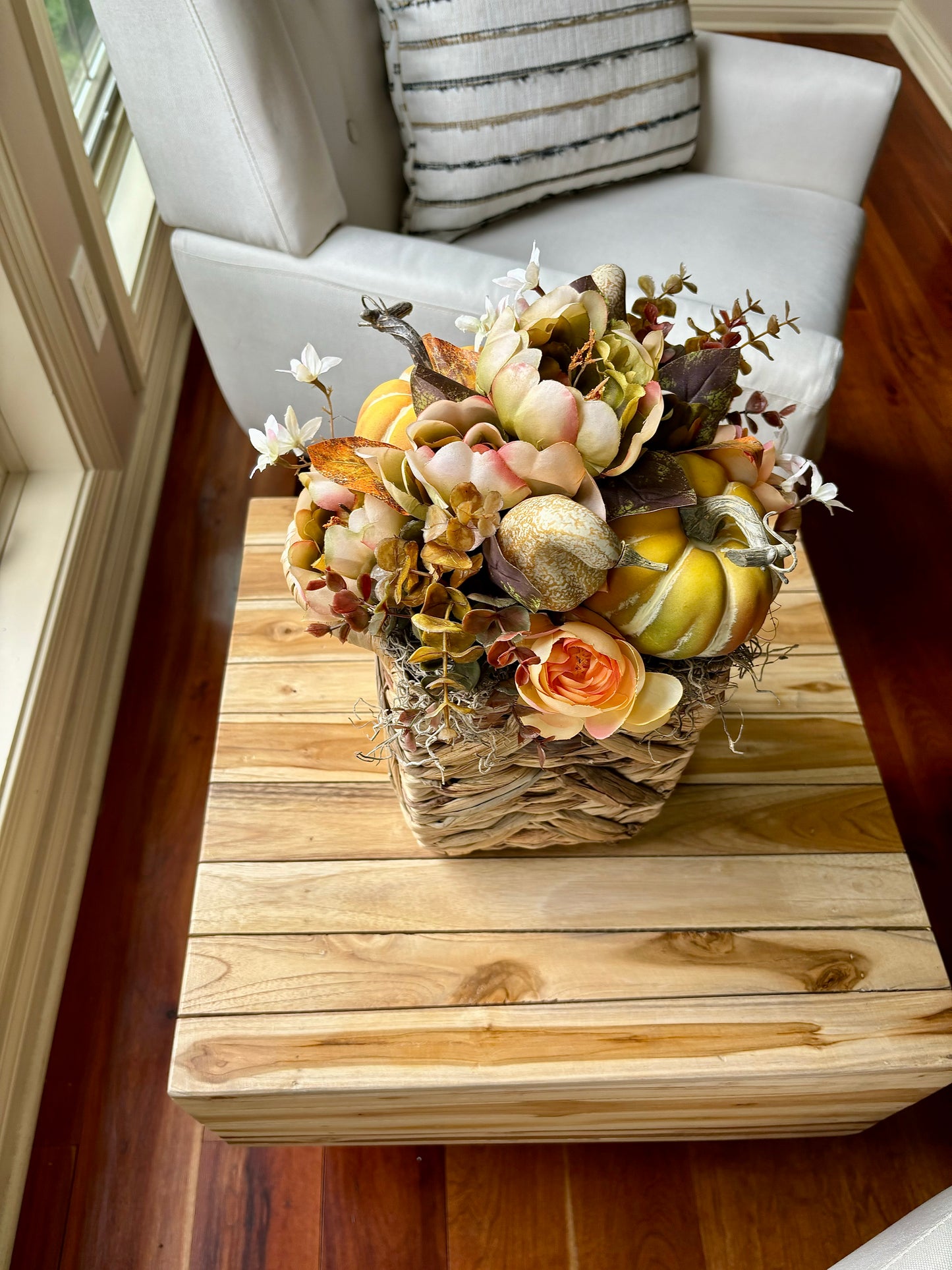 Pumpkins and Peonies Fall Basket Centerpiece