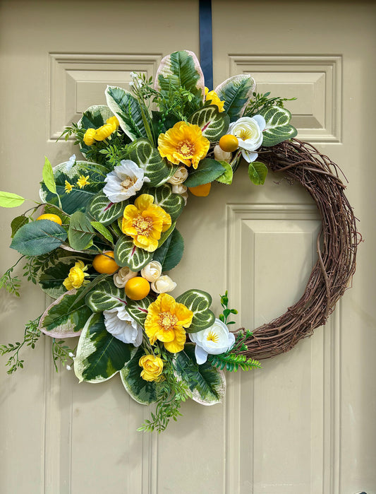 Yellow & White Poppy and Lemon Summer Wreath